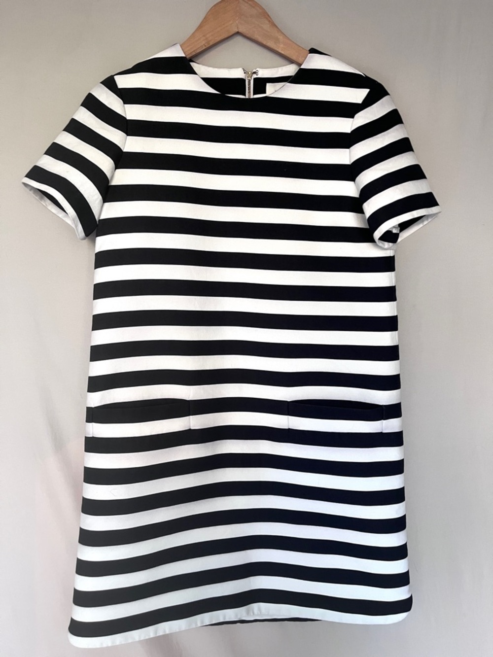 Kate Spade Silk Cotton Black White Stripe Shift Dress Gold Zip Pockets • Size 2